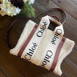 Chloe Woody Cream and Brown Shearling Tote Bag Handbag